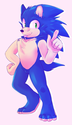 Size: 801x1382 | Tagged: safe, artist:azuredreamrealm, sonic the hedgehog, sonic the hedgehog (2020), 2019, barefoot, chest fluff, gloves off, looking at viewer, male, outline, pink background, pointing, simple background, smile, solo, standing, tongue out