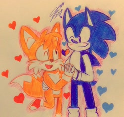 Size: 1280x1205 | Tagged: safe, artist:xxmisaki-12xx, miles "tails" prower, sonic the hedgehog, 2019, blushing, duo, gay, heart, holding hands, looking at each other, male, males only, mouth open, shipping, signature, simple background, smile, sonic x tails, standing, traditional media, wink
