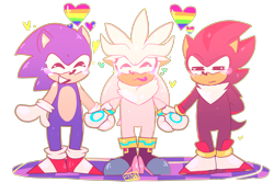 Size: 3000x1996 | Tagged: safe, artist:pumpkizoid, shadow the hedgehog, silver the hedgehog, sonic the hedgehog, blushing, cute, frown, gay, heart, holding hands, male, males only, polyamory, shadow x silver, shadow x sonic, shadowbetes, shipping, silvabetes, smile, sonabetes, sonadilver, sonilver, sparkles, standing, trio