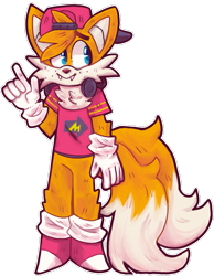 Size: 817x1053 | Tagged: safe, artist:trinoids, miles "tails" prower, 2018, backwards cap, chest fluff, fangs, headphones, leg fluff, looking offscreen, male, pointing, shirt, simple background, smile, solo, standing, teenager, transparent background