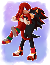 Size: 1405x1811 | Tagged: safe, artist:fire-for-battle, knuckles the echidna, shadow the hedgehog, abstract background, blushing, carrying them, gay, heart, hugging from behind, knuxadow, lidded eyes, looking at each other, male, males only, outline, shipping, smile