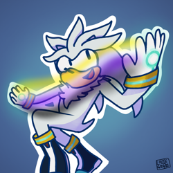 Size: 768x768 | Tagged: safe, artist:lougator, silver the hedgehog, 2022, gradient background, looking up, mouth open, nonbinary, nonbinary pride, outline, signature, smile, solo, telekinesis