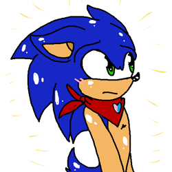 Size: 514x514 | Tagged: safe, artist:askbisexualsonic, sonic the hedgehog, 2014, bandana, bisexual, blushing, floppy ears, frown, heart, looking offscreen, male, ms paint, simple background, solo, standing, white background