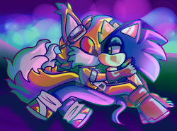 Size: 1280x951 | Tagged: safe, artist:crazygreenfluff, miles "tails" prower, sonic the hedgehog, 2021, abstract background, duo, eyes closed, fireworks, gay, goggles, goggles on head, holding each other, kiss, lidded eyes, looking at them, male, males only, nighttime, older, outdoors, shipping, sitting, sonic x tails