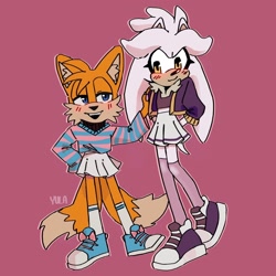 Size: 1920x1920 | Tagged: safe, artist:yulayumeno, miles "tails" prower, silver the hedgehog, 2022, blushing, duo, eyelashes, femboy, hand on another's arm, jacket, jumper, lidded eyes, male, males only, outline, oversized, pink background, signature, simple background, skirt, smile, socks, standing, trainers