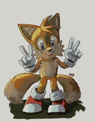 Size: 2806x3606 | Tagged: safe, artist:yulayumeno, miles "tails" prower, 2022, grey background, looking at viewer, male, mouth open, posing, redraw, shadow (lighting), shadow the hedgehog (video game), signature, simple background, smile, solo, standing