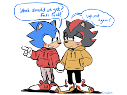Size: 1600x1200 | Tagged: safe, artist:doctorgrumbletoon, shadow the hedgehog, sonic the hedgehog, 2019, blushing, dialogue, duo, english text, gay, hand in pocket, holding hands, hoodie, lidded eyes, looking at each other, mouth open, pants, pointing, shadow x sonic, shipping, simple background, smile, speech bubble, standing, trainers, white background