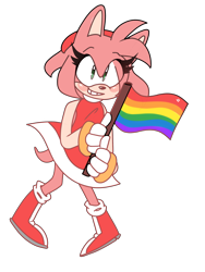 Size: 1536x2048 | Tagged: safe, artist:artyyline, amy rose, 2019, blushing, eye clipping through hair, eyebrows clipping through hair, female, flag, looking offscreen, pride, pride flag, simple background, smile, solo, standing, transparent background