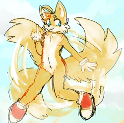 Size: 672x666 | Tagged: safe, artist:zamtrios, miles "tails" prower, 2014, abstract background, chest fluff, clouds, flying, looking offscreen, mid-air, pointing, smile, solo, spinning tails