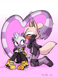 Size: 1280x1707 | Tagged: safe, artist:shieltar, tangle the lemur, whisper the wolf, 2020, blushing, duo, eyes closed, female, females only, gradient background, heart tail, kneeling, lesbian, looking at them, shipping, sitting, smile, tangle x whisper