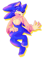 Size: 566x783 | Tagged: safe, artist:azuredreamrealm, sonic the hedgehog, 2019, barefoot, cropped hoodie, gloves off, lidded eyes, looking at viewer, male, mouth open, simple background, smile, solo, transparent background