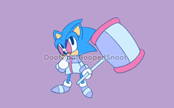 Size: 800x500 | Tagged: safe, artist:dootdootboopedsnoot, sonic the hedgehog, 2019, aged down, blue shoes, holding something, jacket, looking up, male, piko piko hammer, purple background, role swap, simple background, solo, standind, standing, sunglasses, watermark