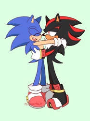 Size: 1000x1334 | Tagged: safe, artist:nozoparfait, shadow the hedgehog, sonic the hedgehog, 2020, duo, eyes closed, frown, gay, green background, holding each other, lidded eyes, looking at them, mouth open, shadow x sonic, shipping, simple background, smile, standing, sweatdrop