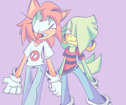 Size: 1200x1000 | Tagged: safe, artist:themostneontwig, amy rose, tekno the canary, 2020, duo, fangs, female, females only, holding hands, lesbian, looking offscreen, mouth open, purple background, shipping, simple background, smile, teknamy, walking
