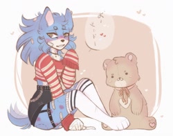 Size: 2534x1991 | Tagged: safe, artist:m33mow, sonic the hedgehog, 2021, abstract background, blushing, crop top, dialogue, femboy, fluffy, heart, japanese text, long socks, looking at viewer, male, shorts, sitting, smile, solo, stuffed animal, wagging tail