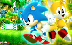 Size: 1920x1200 | Tagged: safe, artist:sonicthehedgehogbg, miles "tails" prower, sonic the hedgehog, green hill zone, 2013, 3d, abstract background, classic sonic, classic tails, duo, frown, glowing, logo, looking at viewer, looking offscreen, smile, sonic generations