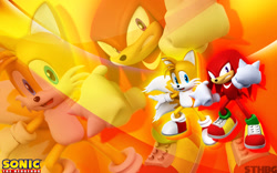 Size: 1920x1200 | Tagged: safe, artist:sonicthehedgehogbg, knuckles the echidna, miles "tails" prower, 2013, 3d, abstract background, duo, frown, logo, male, males only, modern knuckles, modern tails, smile, standing, wallpaper