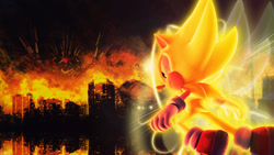 Size: 1920x1080 | Tagged: safe, artist:sonicthehedgehogbg, sonic the hedgehog, super sonic, 2016, 3d, abstract background, cityscape, fire, flying, looking offscreen, male, solo, super form, wallpaper