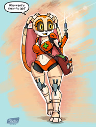 Size: 1260x1680 | Tagged: suggestive, artist:shieltar, cream the rabbit, abstract background, black sclera, busty cream, dialogue, english text, looking offscreen, nurse outfit, partially roboticized