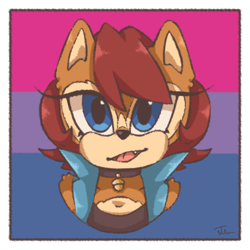 Size: 1200x1200 | Tagged: safe, artist:jazzbeans, sally acorn, 2023, abstract background, bisexual, bisexual pride, bust, collar, female, looking at viewer, mouth open, pride flag background, signature, smile, solo