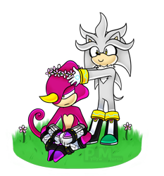 Size: 840x900 | Tagged: safe, artist:possumato, espio the chameleon, silver the hedgehog, 2019, duo, flower, flower crown, frown, gay, grass, holding something, lidded eyes, semi-transparent background, shipping, silvio, sitting, smile, standing