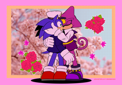 Size: 2832x1984 | Tagged: safe, artist:jennsterjay, espio the chameleon, sonic the hedgehog, the murder of sonic the hedgehog, 2023, abstract background, duo, gay, holding them, kiss, shipping, sonespio, standing, this will end in injury and/or death