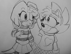 Size: 807x609 | Tagged: safe, artist:dragon22551, amy rose, tekno the canary, 2023, blushing, duo, female, females only, frown, lesbian, looking at them, pencilwork, shipping, sketch, smile, standing, teknamy, traditional media