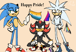 Size: 650x450 | Tagged: safe, artist:sassylawnmower, shadow the hedgehog, silver the hedgehog, sonic the hedgehog, 2022, ace, aro ace pride, aromantic, asexual pride, bisexual, bisexual pride, crouching, english text, flag, frown, holding something, orange background, simple background, smile, standing, straight ally, trio
