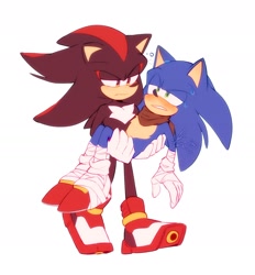 Size: 1650x1777 | Tagged: safe, artist:kamidrop, shadow the hedgehog, sonic the hedgehog, 2023, blushing, carrying them, clenched teeth, duo, frown, gay, lidded eyes, shadow x sonic, shipping, simple background, sonic boom (tv), sweatdrop, walking, white background