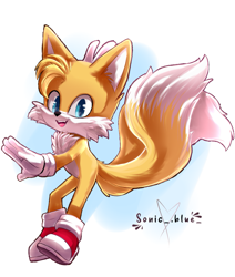 Size: 815x960 | Tagged: safe, artist:sonicblue333, miles "tails" prower, sonic the hedgehog 2 (2022), 2021, abstract background, looking at viewer, signature, smile, solo