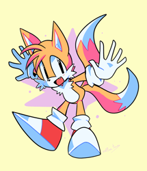 Size: 640x743 | Tagged: safe, artist:coffeetears, miles "tails" prower, abstract background, arms out, blushing, looking offscreen, mouth open, one fang, signature, smile, solo, yellow background
