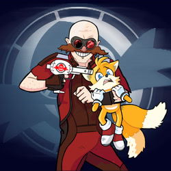 Size: 2550x2550 | Tagged: safe, artist:captencore, miles "tails" prower, robotnik, sonic the hedgehog 2 (2022), 2020, abstract background, blaster, carrying them, duo, eggman empire logo, flight jacket, headlock, looking at viewer, mouth open, smile, standing, this won't end well