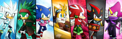 Size: 2826x908 | Tagged: safe, artist:biko97, espio the chameleon, jet the hawk, knuckles the echidna, miles "tails" prower, shadow the hedgehog, silver the hedgehog, sonic the hedgehog, 2019, abstract background, group, redesign