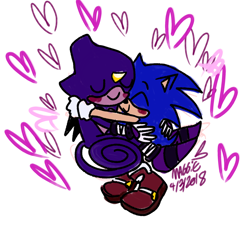 Size: 1066x959 | Tagged: safe, artist:forkabenny, espio the chameleon, sonic the hedgehog, 2018, blushing, cute, duo, espibetes, eyes closed, gay, heart, holding each other, shipping, simple background, smile, sonabetes, sonespio, white background