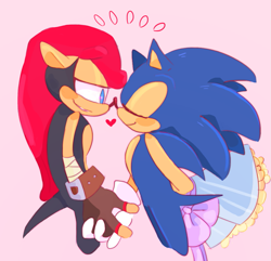Size: 1009x971 | Tagged: safe, artist:scuttletown, mighty the armadillo, sonic the hedgehog, blushing, cute, duo, eyes closed, gay, heart, holding hands, looking at them, mightabetes, mirror, nose boop, noses are touching, pink background, shipping, simple background, sonabetes, sonighty, standing