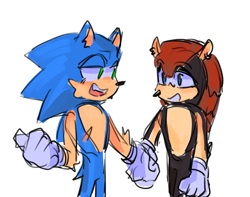 Size: 2048x1617 | Tagged: safe, artist:solfinite, mighty the armadillo, sonic the hedgehog, duo, gay, holding hands, looking at each other, shipping, simple background, sketch, smile, sonighty, talking, top surgery scars, trans male, transgender, white background