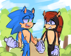 Size: 2048x1617 | Tagged: safe, artist:solfinite, mighty the armadillo, sonic the hedgehog, abstract background, alternate version, duo, gay, holding hands, looking at each other, shipping, sketch, smile, sonighty, talking, top surgery scars, trans male, transgender