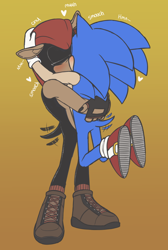 Size: 808x1200 | Tagged: safe, artist:rebel-roadkill, mighty the armadillo, sonic the hedgehog, blushing, duo, eyes closed, gay, gradient background, heart, holding each other, holding them, kiss, sfx, shipping, sonighty, wagging tail