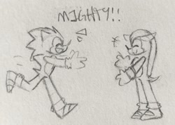Size: 2048x1459 | Tagged: safe, artist:charmallows, mighty the armadillo, sonic the hedgehog, cute, duo, eyes closed, gay, happy, mightabetes, mouth open, pencilwork, running to them, shipping, smile, sonabetes, sonighty, traditional media