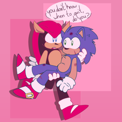 Size: 2048x2048 | Tagged: safe, artist:charmallows, mighty the armadillo, sonic the hedgehog, abstract background, carrying them, dialogue, duo, english text, frown, gay, injured, looking ahead, looking at them, mouth open, shipping, sonighty, walking