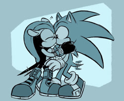 Size: 1170x954 | Tagged: safe, artist:gwekkuu, mighty the armadillo, sonic the hedgehog, blue, duo, eyes closed, gay, holding them, kiss, monochrome, shipping, shrunken pupils, sonighty, standing, wagging tail