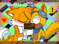 Size: 512x387 | Tagged: safe, artist:zeny doodles, miles "tails" prower, ray the flying squirrel, abstract background, blushing, blushing ears, convenient censoring, duo, english text, exclamation mark, eyes closed, gay, heart, holding something, kiss, looking at them, shipping, shrunken pupils, standing, tailray