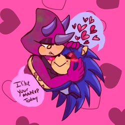 Size: 1574x1574 | Tagged: safe, artist:kinuckly, espio the chameleon, sonic the hedgehog, abstract background, blushing, dialogue, duo, english text, eyes closed, eyeshadow, gay, heart, horns, hugging, mouth open, shipping, smile, sonespio, speech bubble