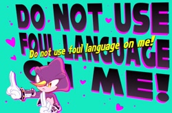 Size: 933x615 | Tagged: safe, artist:royalbootlace, espio the chameleon, abstract background, english text, frown, heart, looking offscreen, meme, solo, standing