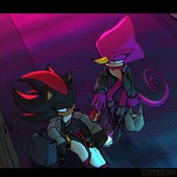 Size: 1080x1080 | Tagged: safe, artist:icym24, espio the chameleon, shadow the hedgehog, abstract background, duo, earring, fizzy soda can, gay, jacket, lidded eyes, shadpio, shipping, signature, sitting, smile, standing