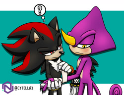 Size: 2017x1552 | Tagged: safe, artist:novacy05, espio the chameleon, shadow the hedgehog, abstract background, bandage, blushing, confused, crush, duo, frown, gay, lidded eyes, question mark, shadpio, shipping, standing