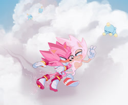 Size: 2048x1673 | Tagged: safe, artist:powpowchaos, shadow the hedgehog, sonic the hedgehog, super shadow, super sonic, chao, abstract background, alternate super form, blushing, clouds, color swap, duo focus, flying, frown, gay, genderless, group, lidded eyes, looking at each other, male, neutral chao, pink fur, shadow x sonic, shipping, sleeping, smile, super form, trans male, transgender, v sign