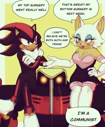 Size: 2048x2481 | Tagged: safe, artist:tillytilli, e-123 omega, rouge the bat, shadow the hedgehog, arms folded, border, cleavage, clenched teeth, dialogue, english text, eyelashes, glowing eyes, goth, hand on hip, looking at each other, looking at viewer, meme, my top surgery went well, simple background, sitting, speech bubble, standing, talking, team dark, trans female, trans male, transgender, yellow background