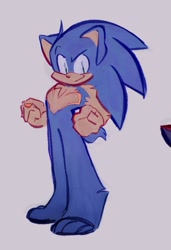 Size: 1279x1868 | Tagged: safe, artist:keratinh, sonic the hedgehog, barefoot, chest fluff, clenched fists, gloves off, grey background, leg fluff, looking at viewer, raised eyebrow, shoulder fluff, simple background, smile, solo, standing, top surgery scars, trans male, transgender