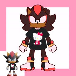 Size: 2048x2048 | Tagged: safe, artist:charmallows, shadow the hedgehog, abstract background, border, cheek fluff, clenched fists, hello kitty, looking at viewer, no mouth, reference inset, shirt, solo, standing, trans female, transgender